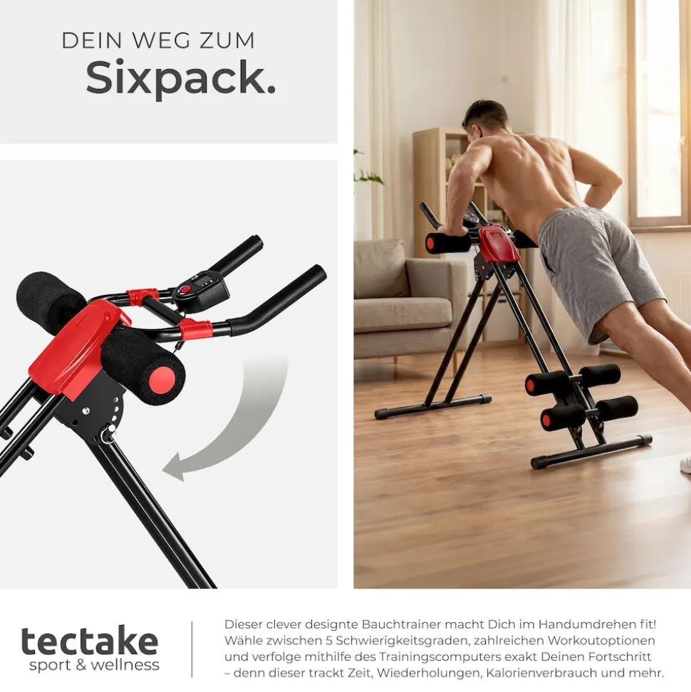tectake® Bauchtrainer, 5-fach verstellbar, klappbar, mit Trainingscomputer
