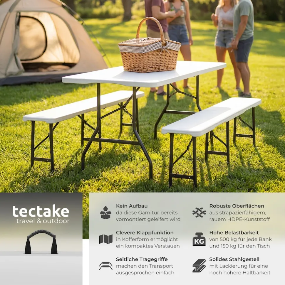 tectake® Bierzeltgarnitur, klappbar, wetterfest, bis zu 8 Personen, gummierte Tragegriffe
