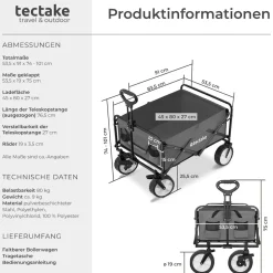 tectake® Bollerwagen, faltbar, abnehmbarer Stoffeinsatz mit 2 Netztaschen, inklusive Tragetasche, Belastbarkeit 80 kg