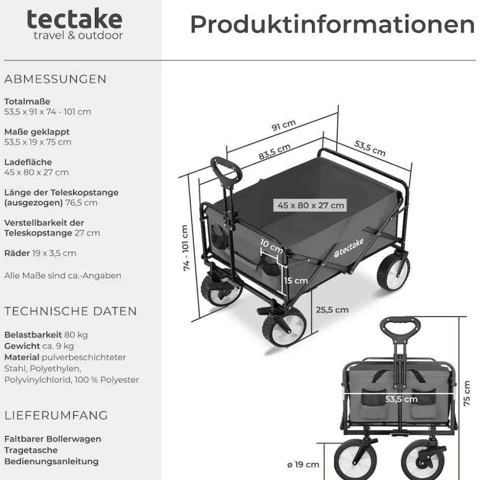 tectake® Bollerwagen, faltbar, abnehmbarer Stoffeinsatz mit 2 Netztaschen, inklusive Tragetasche, Belastbarkeit 80 kg
