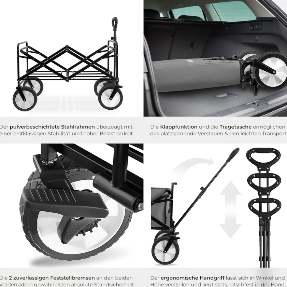 tectake® Bollerwagen, faltbar, abnehmbarer Stoffeinsatz mit 2 Netztaschen, inklusive Tragetasche, Belastbarkeit 80 kg