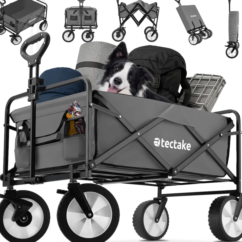 tectake® Bollerwagen, faltbar, abnehmbarer Stoffeinsatz mit 2 Netztaschen, inklusive Tragetasche, Belastbarkeit 80 kg
