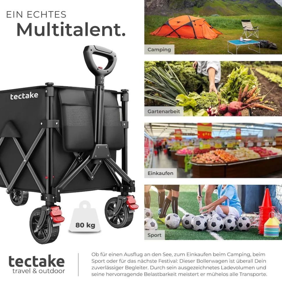 tectake® Bollerwagen, faltbar, abnehmbare Plane aus Oxford-Gewebe mit 3 Netztaschen und Reißverschlussfach, inklusive Einlegeboden, Belastbarkeit 80 kg