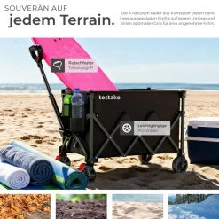 tectake® Bollerwagen, faltbar, abnehmbare Plane aus Oxford-Gewebe mit 3 Netztaschen und Reißverschlussfach, inklusive Einlegeboden, Belastbarkeit 80 kg