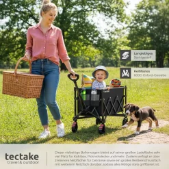 tectake® Bollerwagen, faltbar, abnehmbare Plane aus Oxford-Gewebe mit 3 Netztaschen und Reißverschlussfach, inklusive Einlegeboden, Belastbarkeit 80 kg
