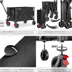 tectake® Bollerwagen, faltbar, abnehmbare Plane aus Oxford-Gewebe mit 3 Netztaschen und Reißverschlussfach, inklusive Einlegeboden, Belastbarkeit 80 kg