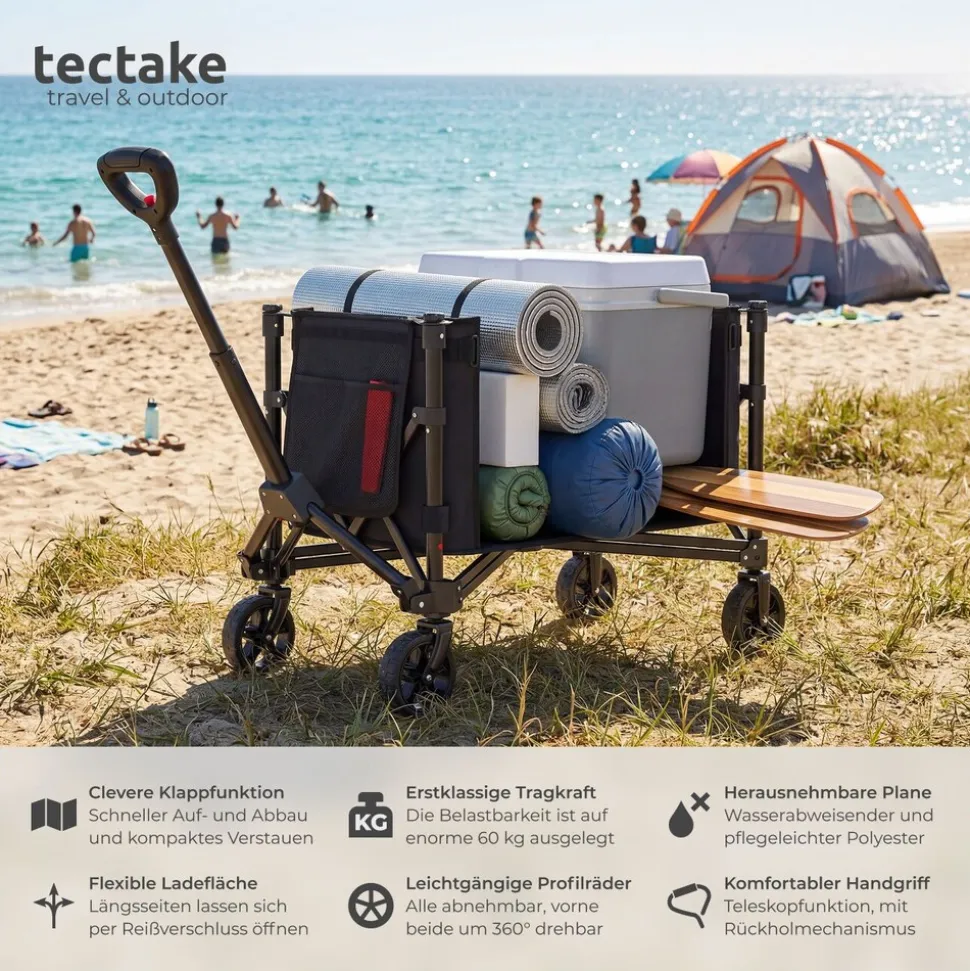 tectake® Bollerwagen, faltbar, abnehmbare Plane aus Oxford-Gewebe mit großer Netztasche und Innenfach, Inklusive Einlegeboden, Reflektorstreifen, Belastbarkeit 60 kg