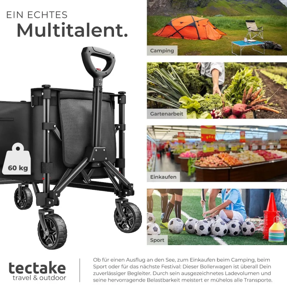 tectake® Bollerwagen, faltbar, abnehmbare Plane aus Oxford-Gewebe mit großer Netztasche und Innenfach, Inklusive Einlegeboden, Reflektorstreifen, Belastbarkeit 60 kg