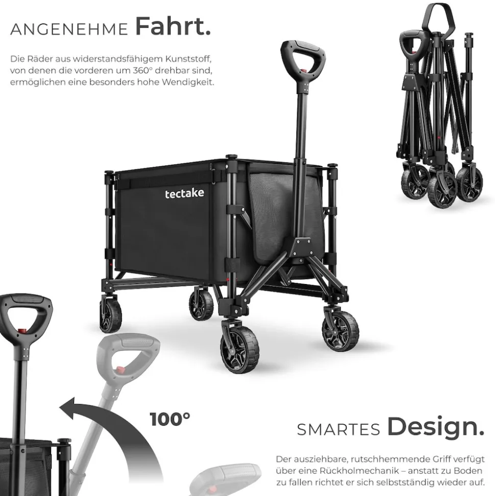 tectake® Bollerwagen, faltbar, abnehmbare Plane aus Oxford-Gewebe mit großer Netztasche und Innenfach, Inklusive Einlegeboden, Reflektorstreifen, Belastbarkeit 60 kg