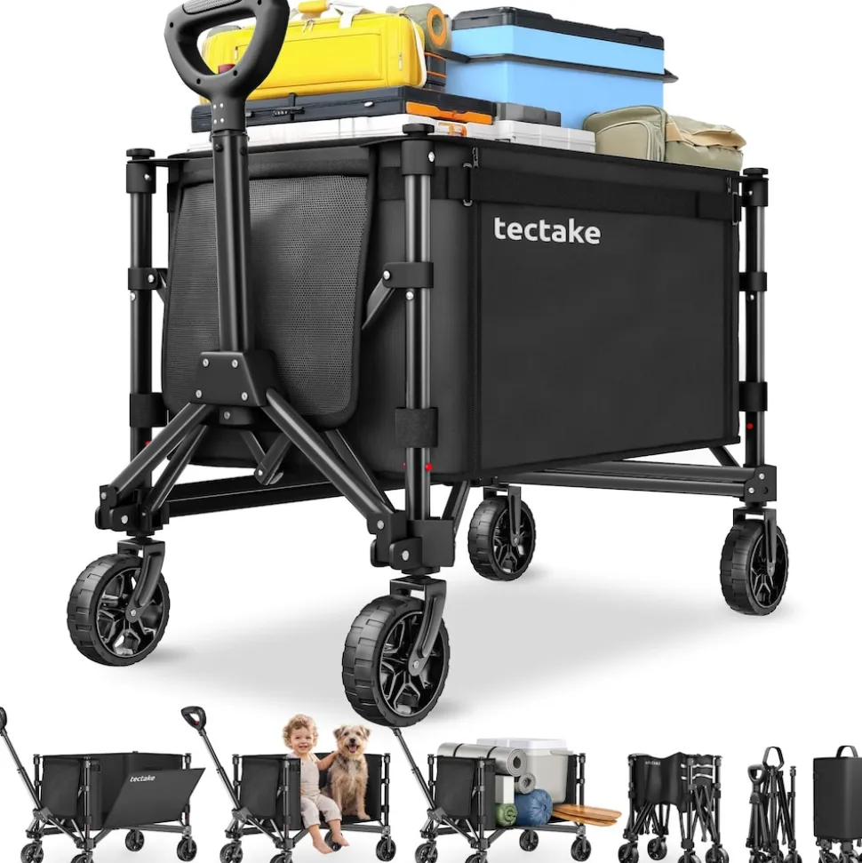 tectake® Bollerwagen, faltbar, abnehmbare Plane aus Oxford-Gewebe mit großer Netztasche und Innenfach, Inklusive Einlegeboden, Reflektorstreifen, Belastbarkeit 60 kg