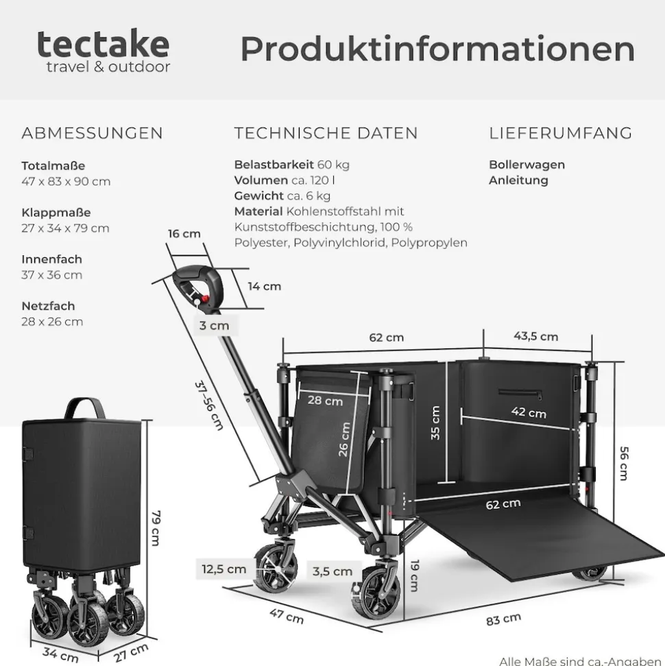 tectake® Bollerwagen, faltbar, abnehmbare Plane aus Oxford-Gewebe mit großer Netztasche und Innenfach, Inklusive Einlegeboden, Reflektorstreifen, Belastbarkeit 60 kg