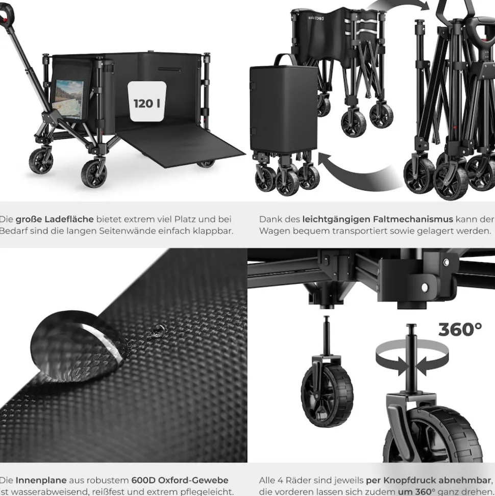 tectake® Bollerwagen, faltbar, abnehmbare Plane aus Oxford-Gewebe mit großer Netztasche und Innenfach, Inklusive Einlegeboden, Reflektorstreifen, Belastbarkeit 60 kg