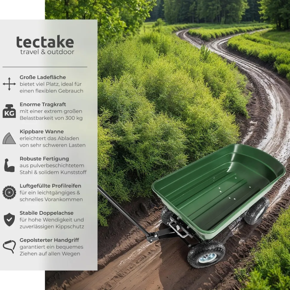 tectake® Bollerwagen, mit Kippfunktion, leichtgängige Lenkachse, Belastbarkeit 300 kg