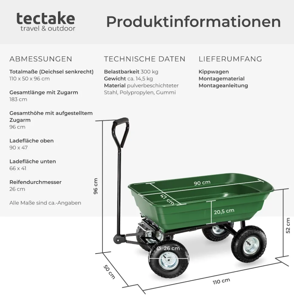 tectake® Bollerwagen, mit Kippfunktion, leichtgängige Lenkachse, Belastbarkeit 300 kg