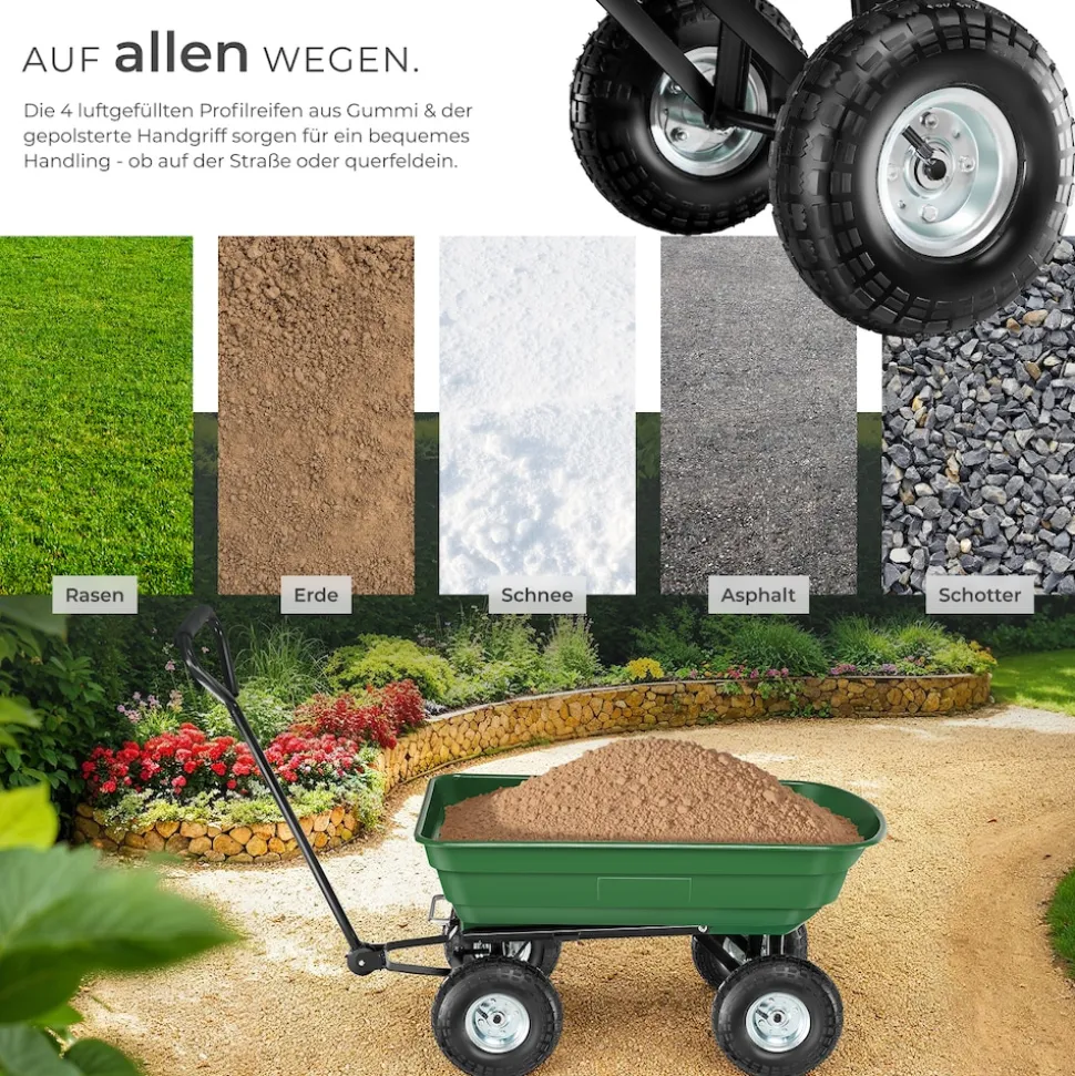 tectake® Bollerwagen, mit Kippfunktion, leichtgängige Lenkachse, Belastbarkeit 300 kg