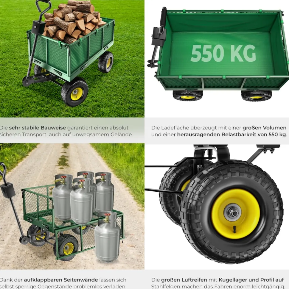 tectake® Bollerwagen, mit klappbaren Seitenwänden, leichtgängige Lenkachse mit gepolstertem Griff, Belastbarkeit 550 kg