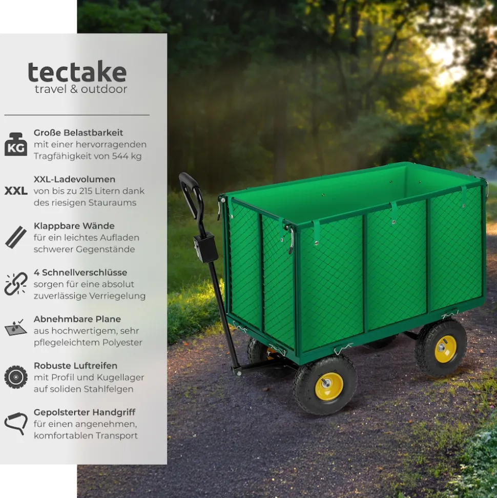 tectake® Bollerwagen, mit klappbaren Seitenwänden, leichtgängige Lenkachse mit gepolstertem Griff, Belastbarkeit 544 kg