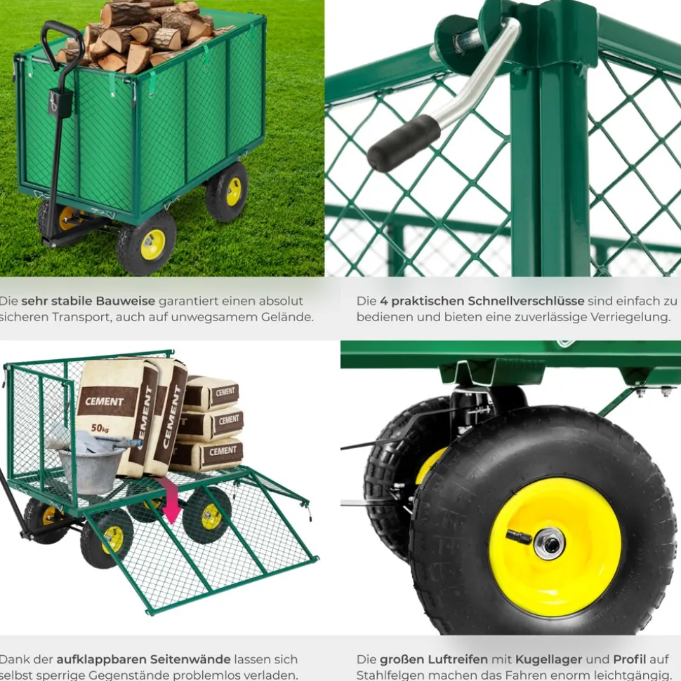 tectake® Bollerwagen, mit klappbaren Seitenwänden, leichtgängige Lenkachse mit gepolstertem Griff, Belastbarkeit 544 kg