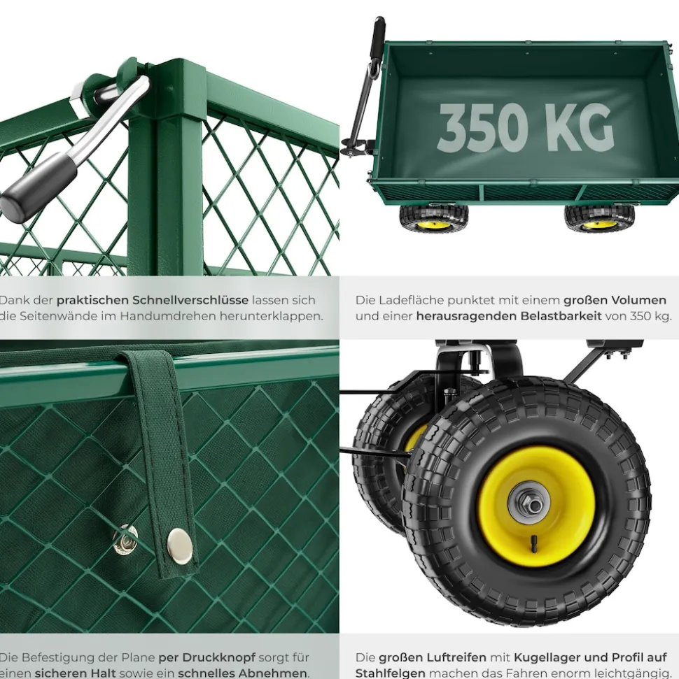 tectake® Bollerwagen, mit klappbaren Seitenwänden, leichtgängige Lenkachse mit gepolstertem Griff, Belastbarkeit 350 kg