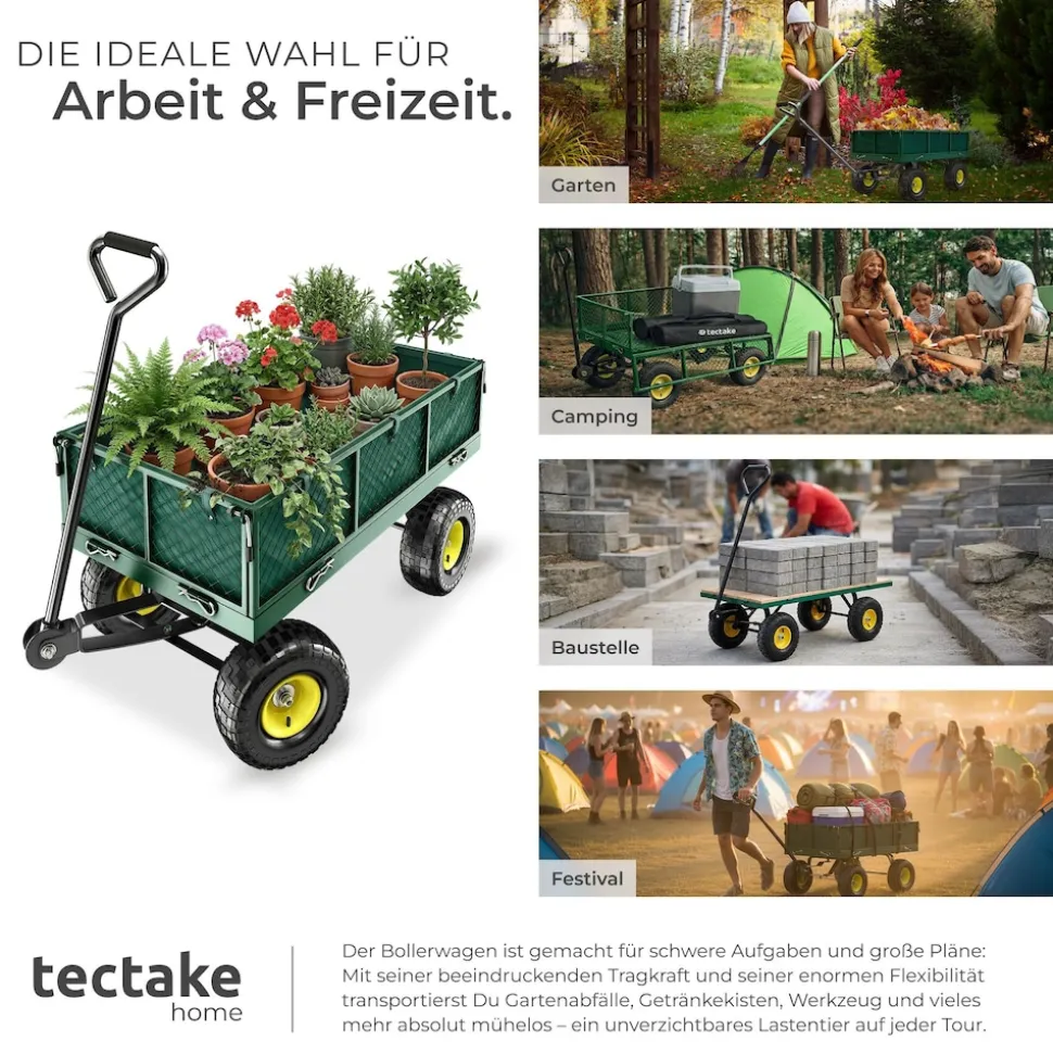 tectake® Bollerwagen, mit klappbaren Seitenwänden, leichtgängige Lenkachse mit gepolstertem Griff, Belastbarkeit 350 kg