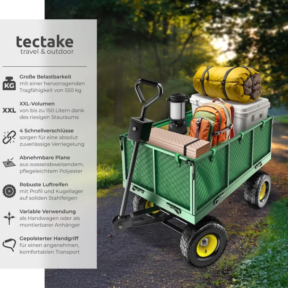 tectake® Bollerwagen, mit klappbaren Seitenwänden, leichtgängige Lenkachse mit gepolstertem Griff, Belastbarkeit 550 kg