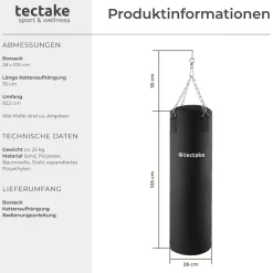 tectake® Boxsack, gefüllt, hängend, 28 x 105 cm, inklusive Karabinerhaken