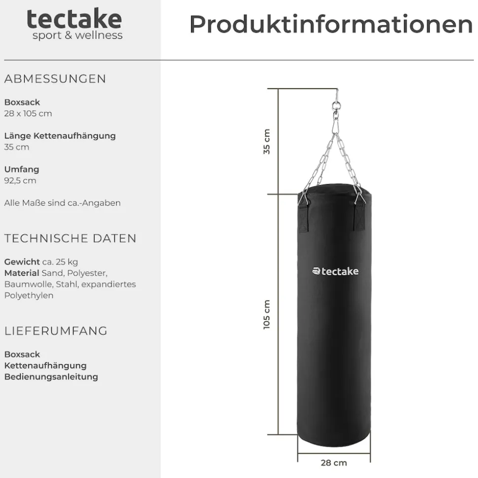 tectake® Boxsack, gefüllt, hängend, 28 x 105 cm, inklusive Karabinerhaken