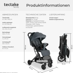 tectake® Buggy-Kinderwagen, Einhand-Klappmechanismus, mit 5-Punkt-Gurt, Feststellbremse, Schutzbügel, pulverbeschichtetes Stahlgestell und pflegeleichter Stoffbezug, für 0 bis 36 Monate geeignet, Belastbarkeit 15 kg