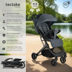 tectake® Buggy-Kinderwagen, Einhand-Klappmechanismus, mit 5-Punkt-Gurt, Feststellbremse, Schutzbügel, pulverbeschichtetes Stahlgestell und pflegeleichter Stoffbezug, für 0 bis 36 Monate geeignet, Belastbarkeit 15 kg