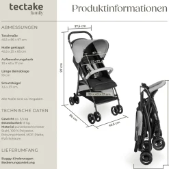 tectake® Buggy-Kinderwagen, klappbar, mit 5-Punkt-Gurt, Bremse und Schutzbügel, pulverbeschichtetes Stahlgestell und pflegeleichter Polyesterbezug, für 0 bis 36 Monate geeignet, Belastbarkeit 15 kg