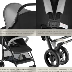 tectake® Buggy-Kinderwagen, klappbar, mit 5-Punkt-Gurt, Bremse und Schutzbügel, pulverbeschichtetes Stahlgestell und pflegeleichter Polyesterbezug, für 0 bis 36 Monate geeignet, Belastbarkeit 15 kg