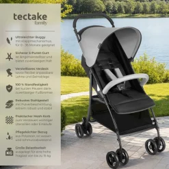 tectake® Buggy-Kinderwagen, klappbar, mit 5-Punkt-Gurt, Bremse und Schutzbügel, pulverbeschichtetes Stahlgestell und pflegeleichter Polyesterbezug, für 0 bis 36 Monate geeignet, Belastbarkeit 15 kg