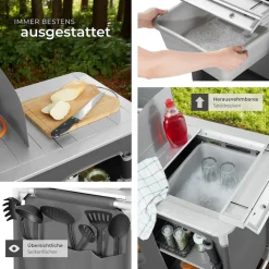 tectake® Campingküche Luxus mit Aluminiumgestell und 4 Fächern, faltbar, mit viel Stauraum, Windschutz und Spülbecken, 116 x 52 x 107 cm