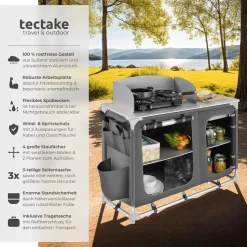 tectake® Campingküche Luxus mit Aluminiumgestell und 4 Fächern, faltbar, mit viel Stauraum, Windschutz und Spülbecken, 116 x 52 x 107 cm