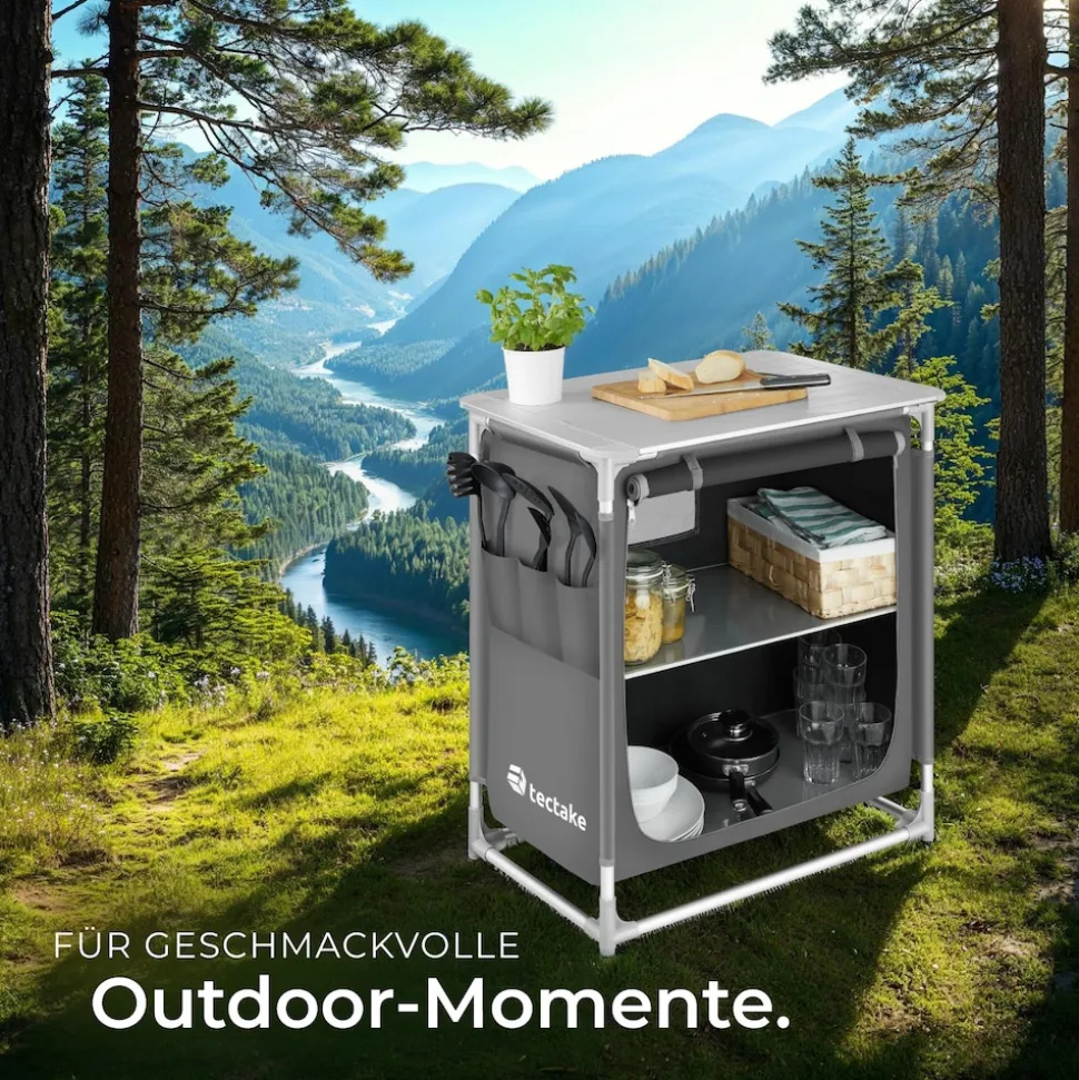 tectake® Campingküche Premium mit Aluminiumgestell und 2 Fächern, faltbar, mit 2 großen Fächern und Windschutz, 76 x 53,5 x 107 cm