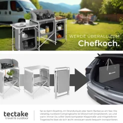 tectake® Campingküche XXL mit Aluminiumgestell und 5 Fächern, faltbar, mit großem Stauraum und Windschutz, 172 x 52 x 104 cm