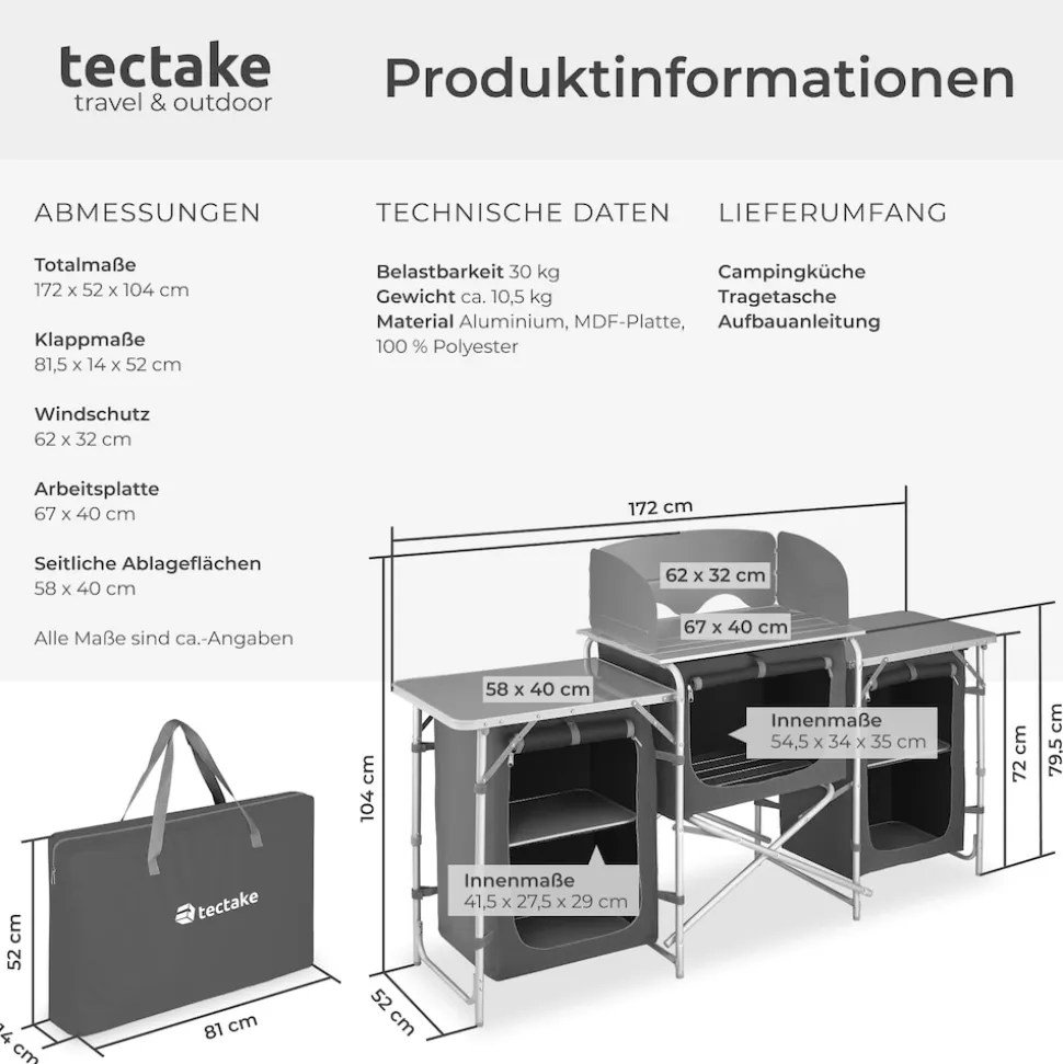 tectake® Campingküche XXL mit Aluminiumgestell und 5 Fächern, faltbar, mit großem Stauraum und Windschutz, 172 x 52 x 104 cm