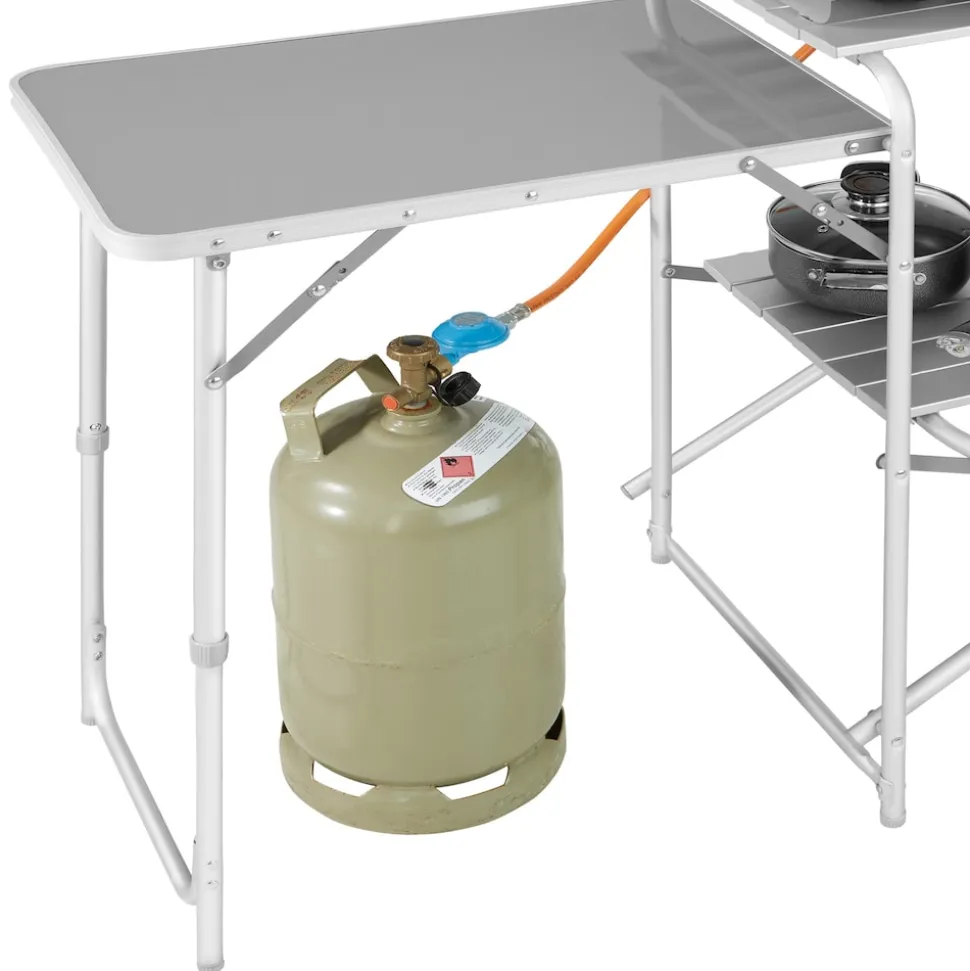 tectake® Campingküche XXL mit Aluminiumgestell und 5 Fächern, faltbar, mit großem Stauraum und Windschutz, 172 x 52 x 104 cm
