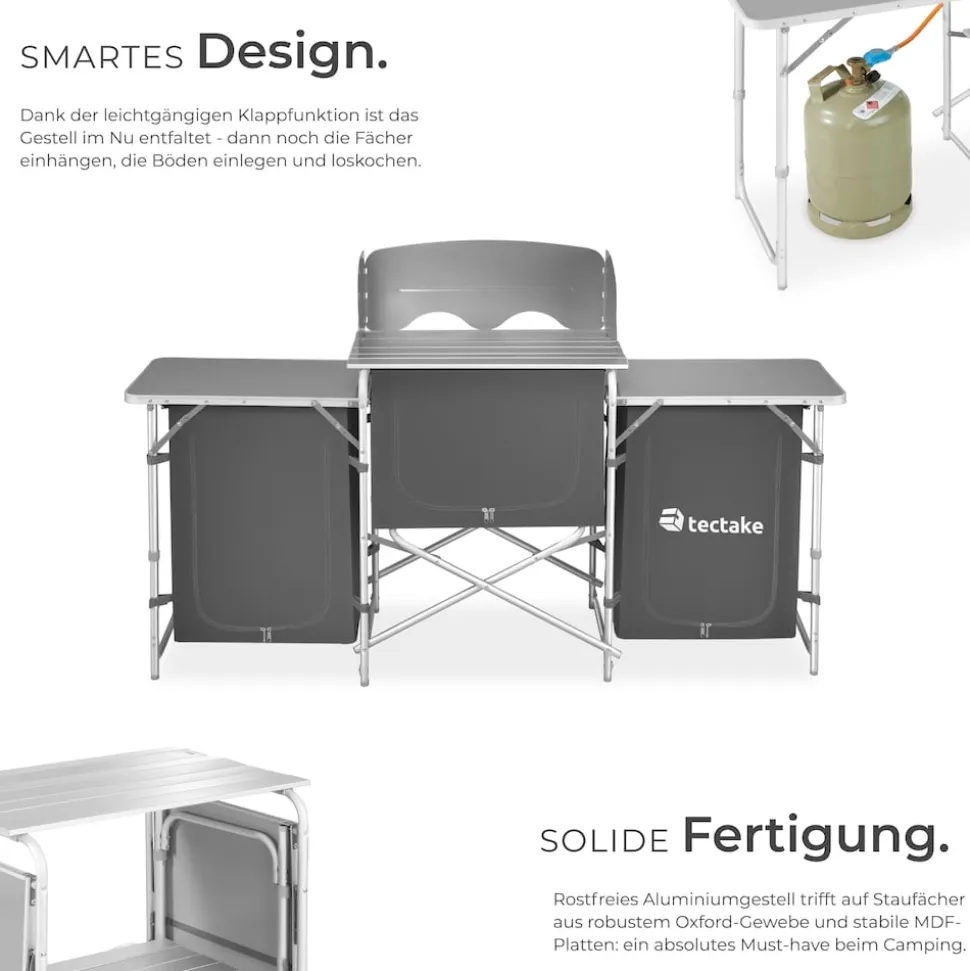 tectake® Campingküche XXL mit Aluminiumgestell und 5 Fächern, faltbar, mit großem Stauraum und Windschutz, 172 x 52 x 104 cm