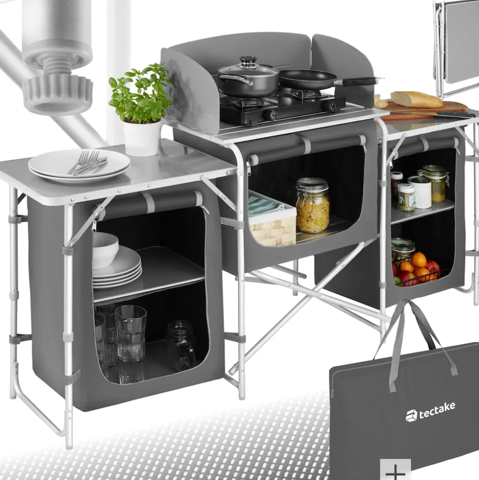 tectake® Campingküche XXL mit Aluminiumgestell und 5 Fächern, faltbar, mit großem Stauraum und Windschutz, 172 x 52 x 104 cm