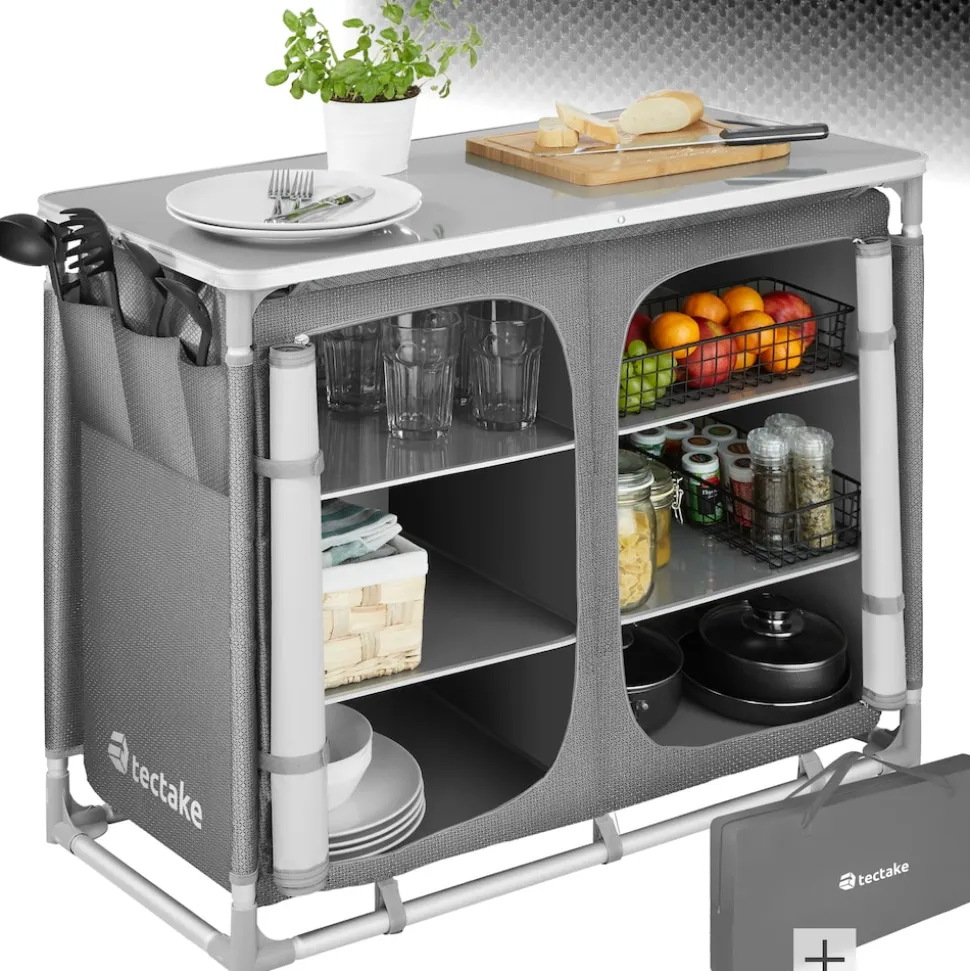 tectake® Campingschrank Deluxe mit Aluminiumgestell und 6 Fächern, faltbar, Stauraum mit 6 Fächern, 97 x 47,5 x 78 cm
