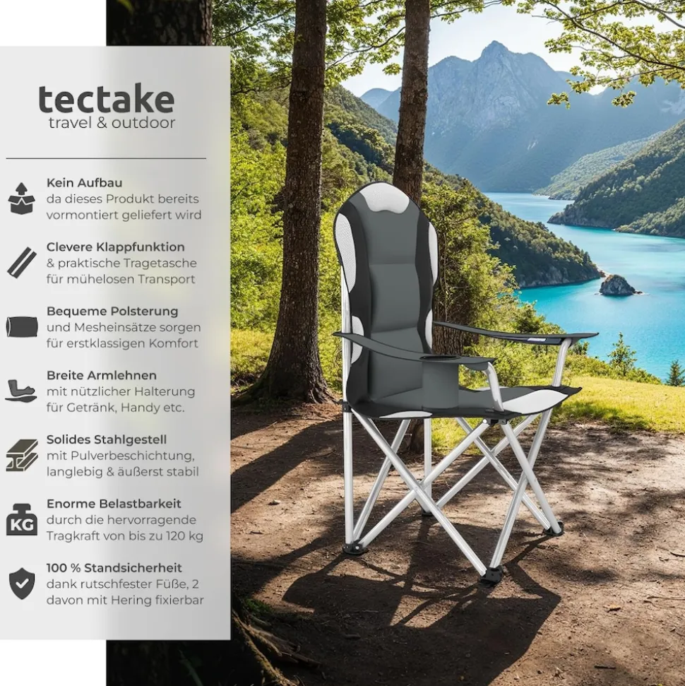 tectake® Campingstuhl, faltbar, gepolstert, geringes Gewicht, 60 x 88 x 110 cm