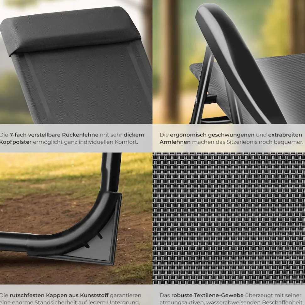 tectake® Campingstuhl, klappbar, 7-fach verstellbare Rückenlehne mit Kopfpolster, Belastbarkeit 120 kg, 57 x 65 x 112 cm