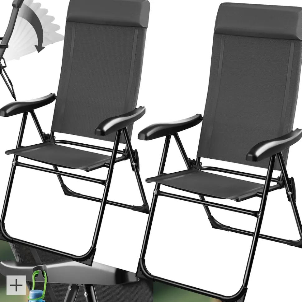 tectake® Campingstuhl, klappbar, 7-fach verstellbare Rückenlehne mit Kopfpolster, Belastbarkeit 120 kg, 57 x 65 x 112 cm