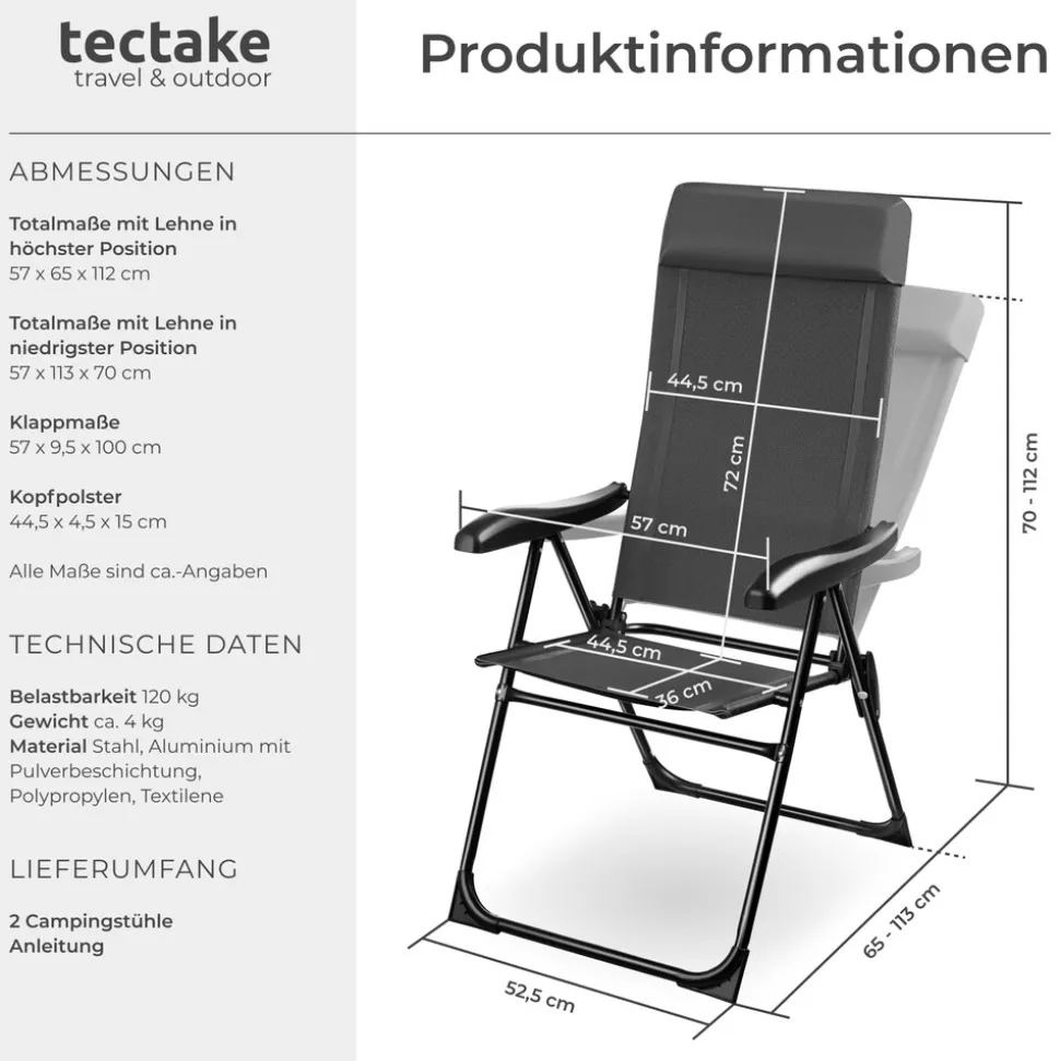 tectake® Campingstuhl, klappbar, 7-fach verstellbare Rückenlehne mit Kopfpolster, Belastbarkeit 120 kg, 57 x 65 x 112 cm