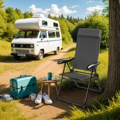 tectake® Campingstuhl, klappbar, 7-fach verstellbare Rückenlehne mit Kopfpolster, Belastbarkeit 120 kg, 57 x 65 x 112 cm