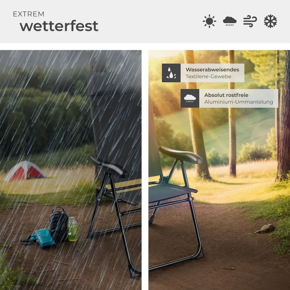 tectake® Campingstuhl, klappbar, 7-fach verstellbare Rückenlehne mit Kopfpolster, Belastbarkeit 120 kg, 57 x 65 x 112 cm