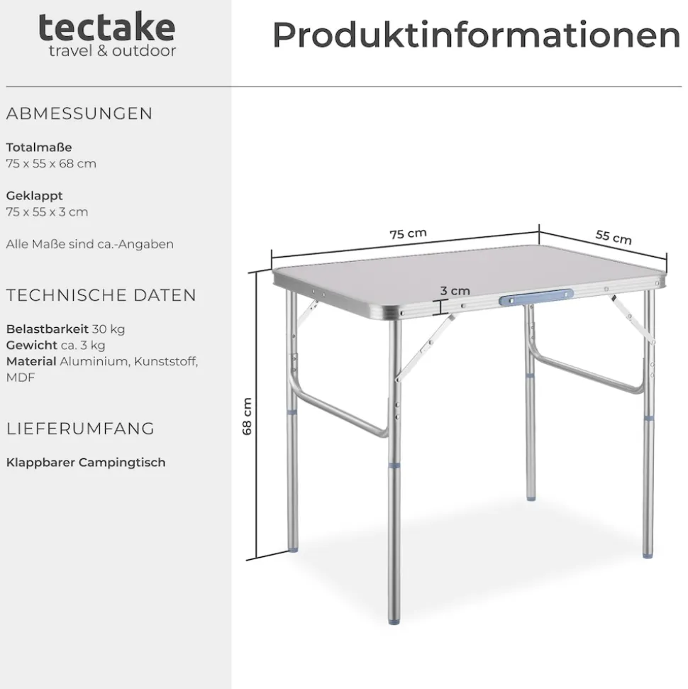 tectake® Campingtisch, klappbar, anschraubbare, höhenverstellbare Beine und Füße, 75 x 55 x 68 cm