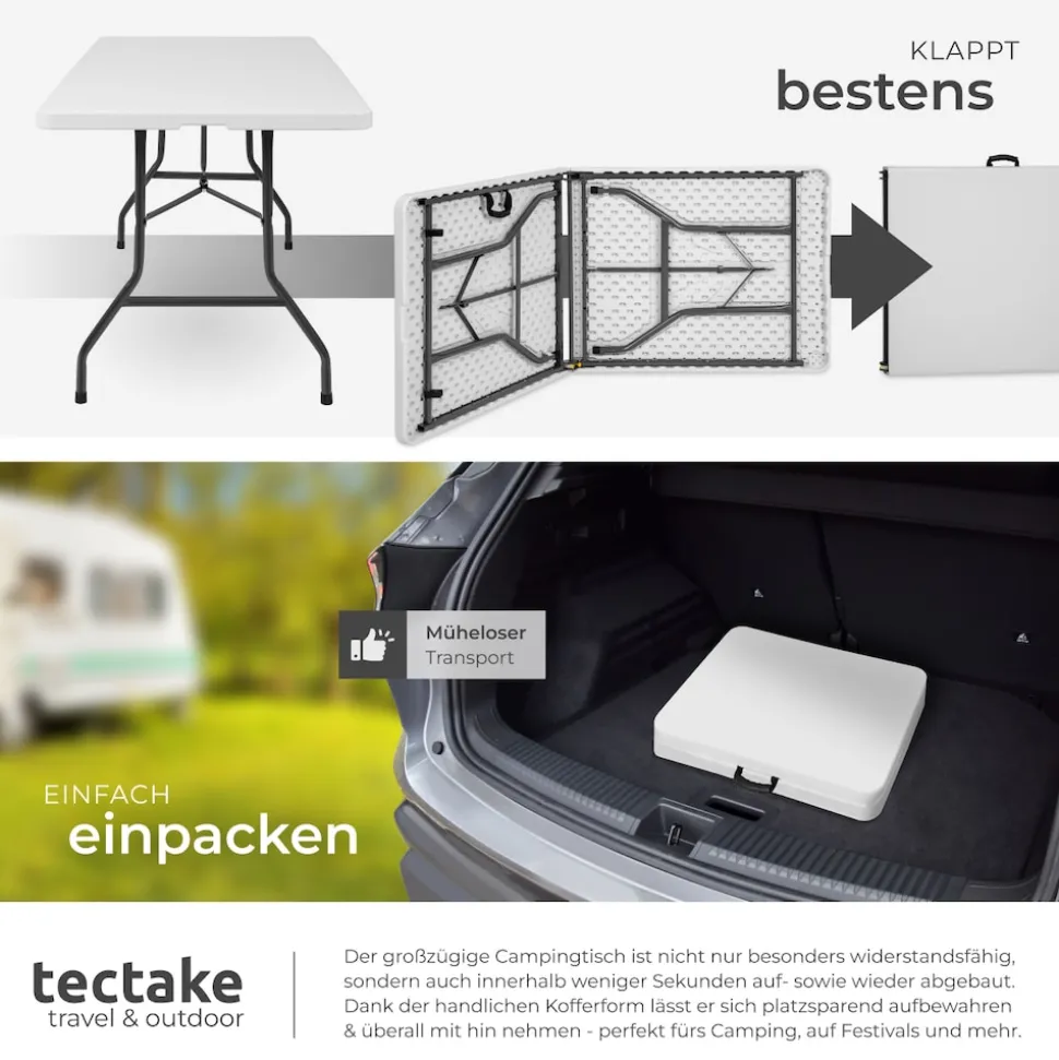 tectake® Campingtisch, klappbar, hohe Belastbarkeit, 183 x 76 x 74 cm