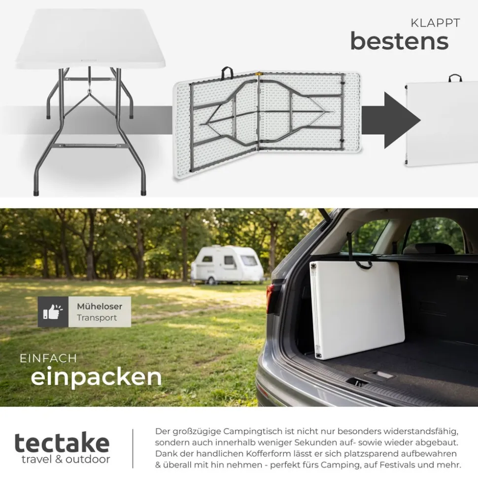 tectake® Campingtisch, klappbar, wetterfest, 120 kg Belastbarkeit, gummierter Tragegriff